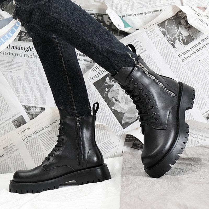 2024 Autumn Winter Shoes Men Genuine Leather Boots Thick Sole Warm Plush Cold Winter Cow Leather Male Ankle Botas Black A4867