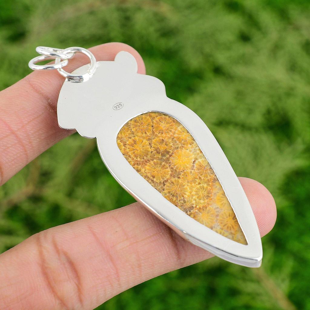 Daughters Day Deal Pear Fossil Coral Stone Wedding Pendant 925 Sterling Silver