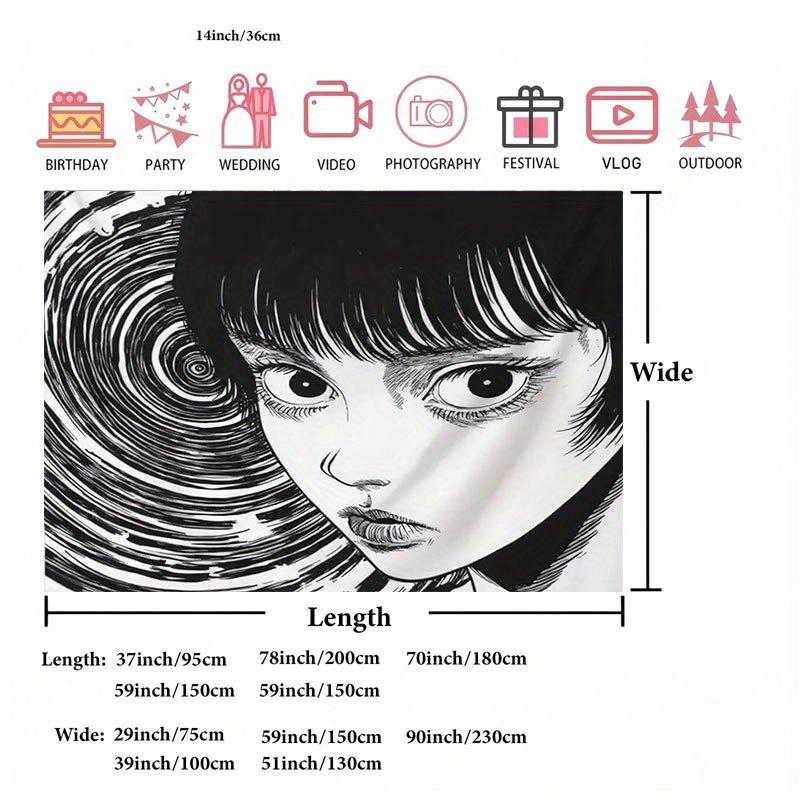 VIKAMA Junji Ito Stil Uzumaki Wandteppich Schwarz Weiß Horror Manga Mädchen Wirbel Print Wandbehang für Schlafzimmer Otaku Zimmer Dekor