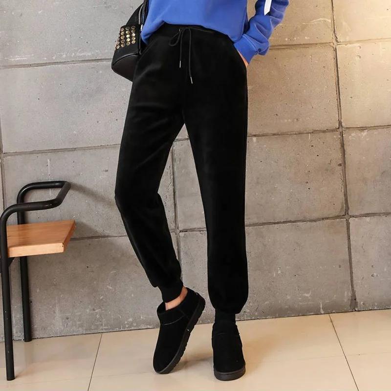 Women's Velvet Thick Warm Elastic High Waist Lace Up Harem Women's Pants Loose Ankle-Length Pants for Women