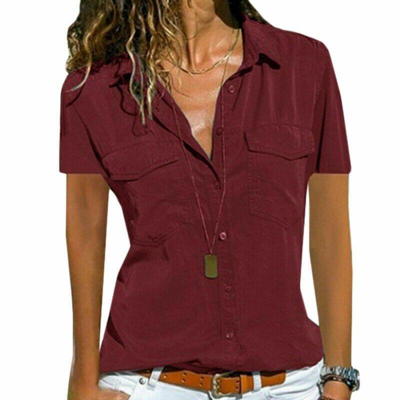 Women V Neck Short Sleeve Shirt Blouse Ladies Summer Tshirt Tops Tee Size Plus