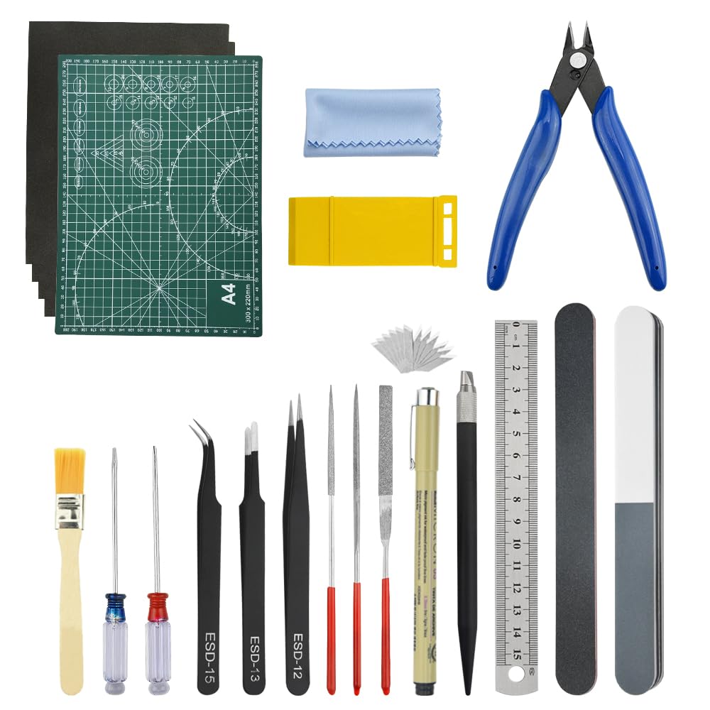 WMYCONGCONG Plastic Model Tool Includes Cutting Precision and Knife Replacement Blades Kit, 23-Piece Beginner's Set, Thin-Blade Nippers, File, Mat,