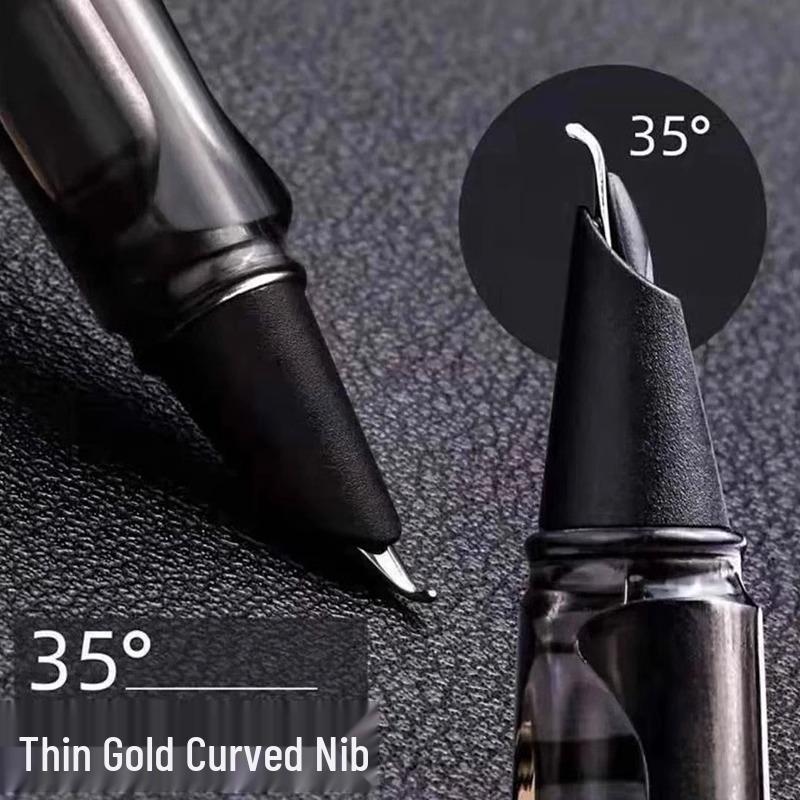 Curved Nib Fountain Pen for Students - Gold Style Calligraphy Pen with Replaceable Ink Cartridges