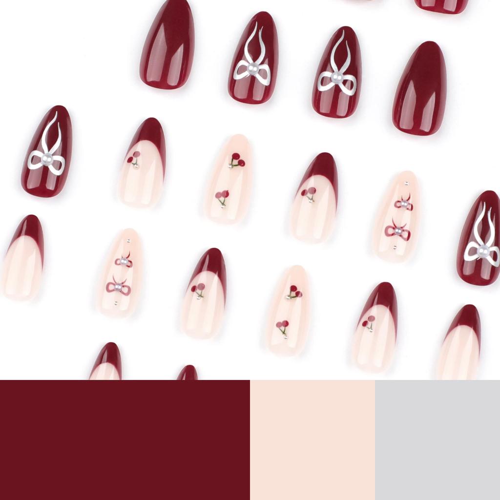 Burgundy French Bow Press-on Cherry Nail Art Tips - Hot Selling Solid Color Nails