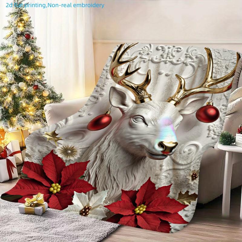 1pc Christmas Reindeer Print Blanket, Holiday Decor, Multi-Size Available, Autumn Thanksgiving Christmas Nap Blanket, Suitable for Living Room, Bedroo