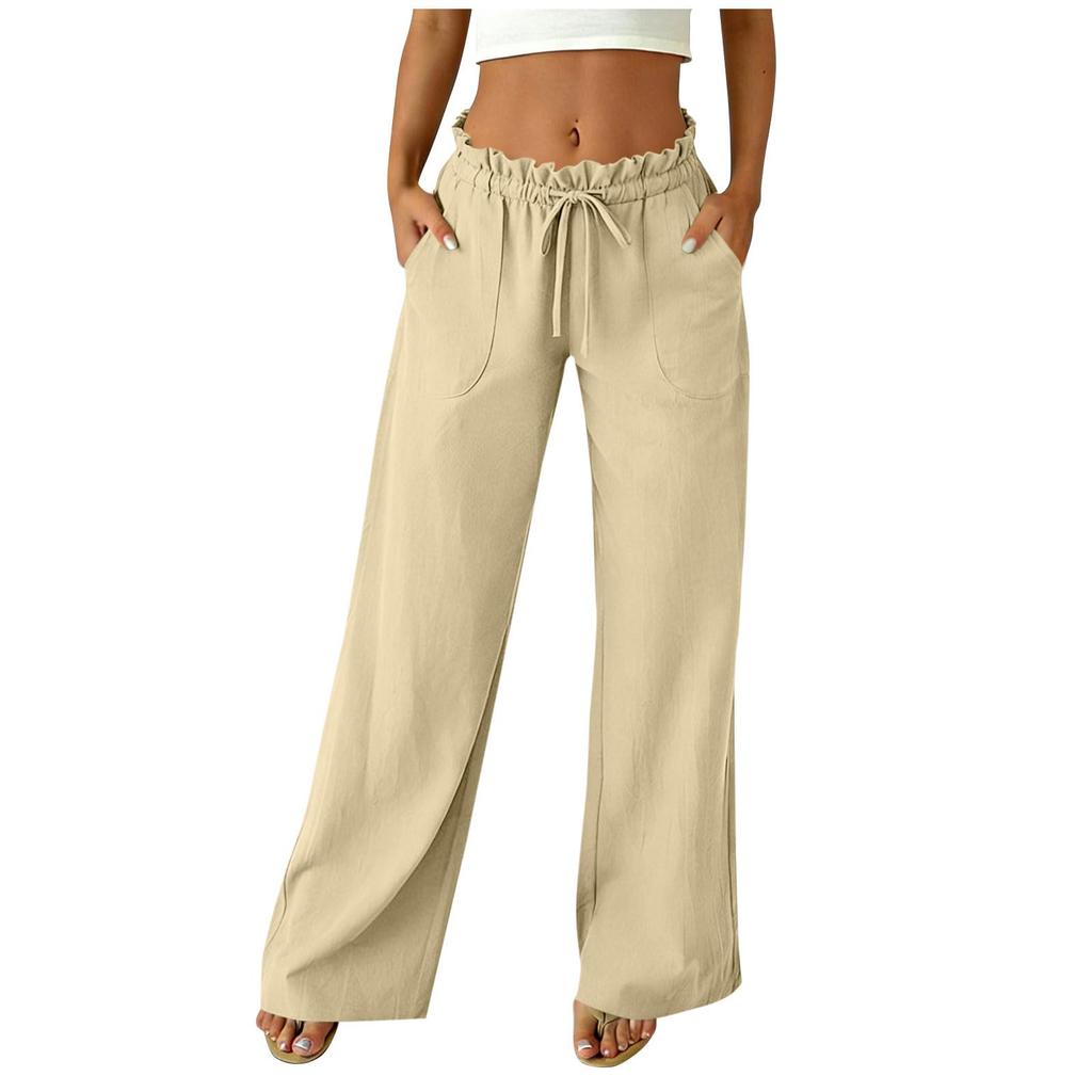 Women's Casual Relaxed Fit High-Waisted Belted Pocket Cotton-Linen Blend Trousers