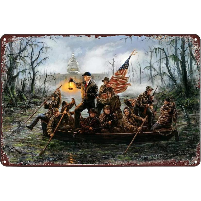 Trump Crossing The Swamp Metal Poster History Vintage Tin Sign Wall Decor Plaque for Home Bar Club Living Room Bedroom Office Men Cave 8x12 inch