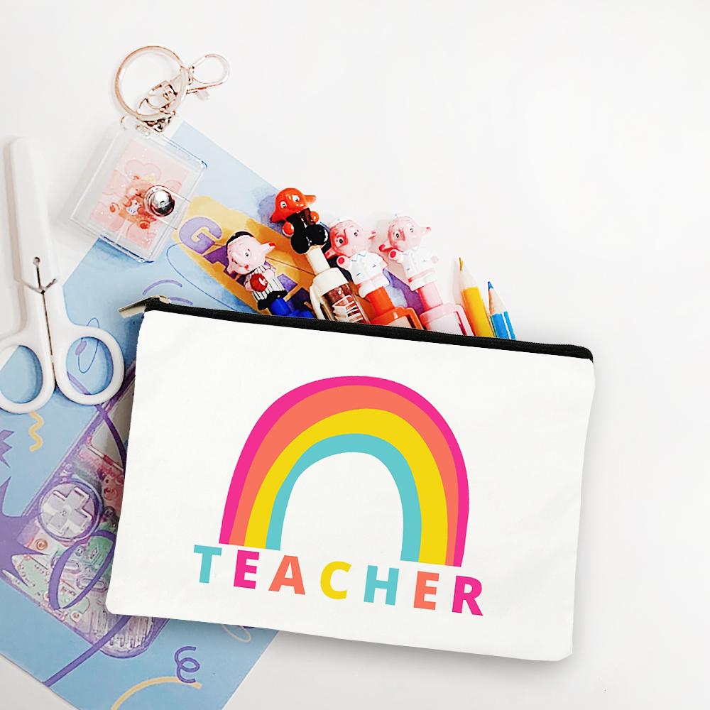 Blessed Teacher Life Leopard Makeup Bags Student White Pencil Pouch Teacher Shopping Handbag Storage Bag Teachers' Day Best Gift