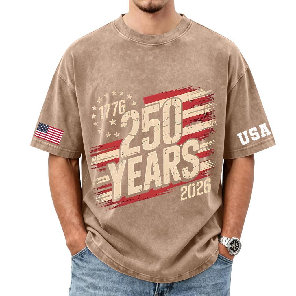 Men's loose and casual flag letter print T-shirt - Men's trendy washed short-sleeved top