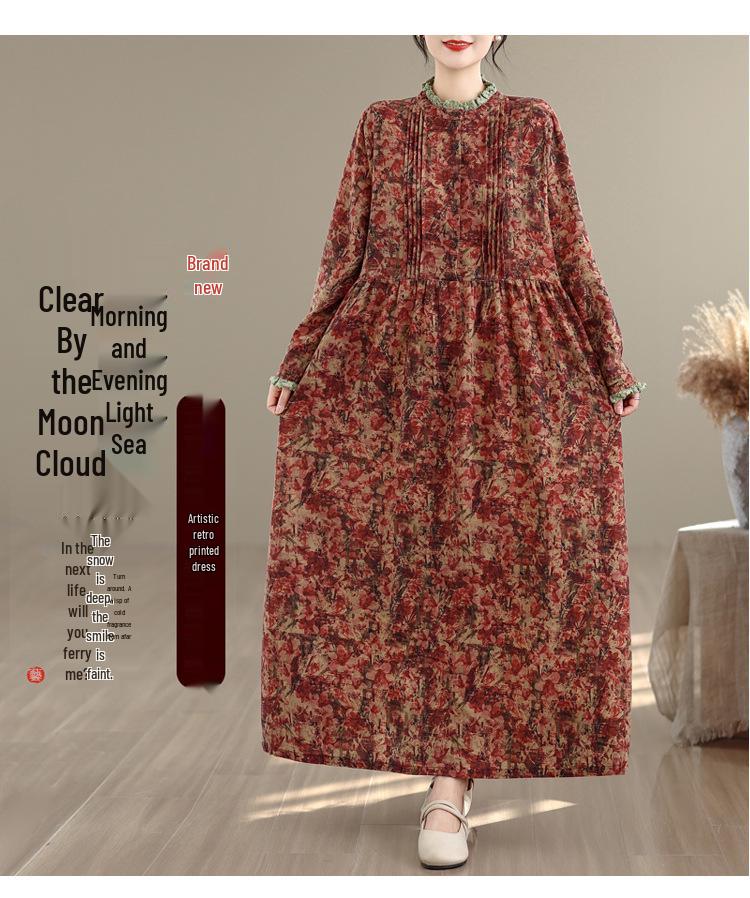 Vintage Cotton-Linen Pleated Dress with Lace Collar - Women s Long-Sleeve Loose A-Line Skirt Plus Size Free Size