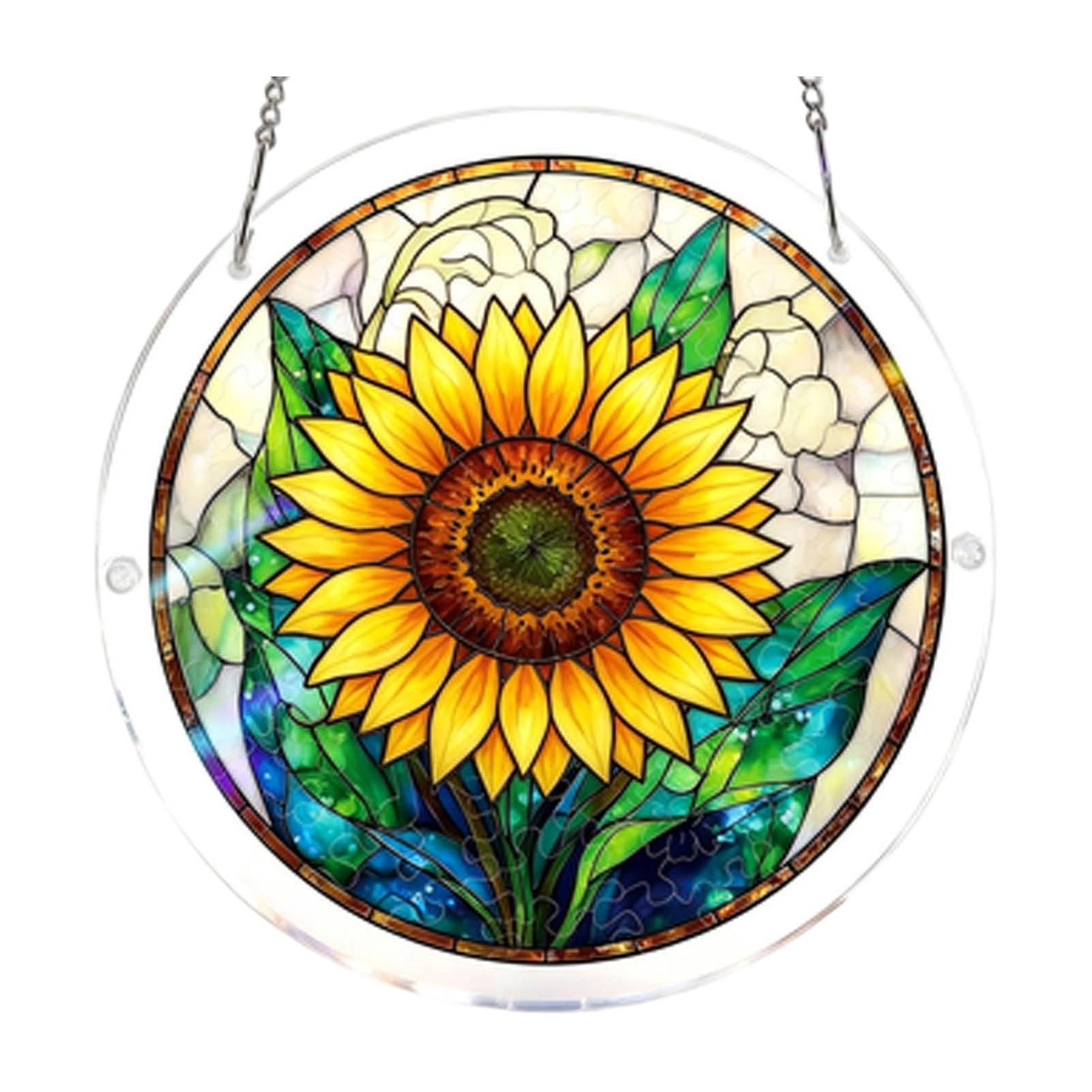 

Round Stained Glass Window Hanging Panel 15cm Diameter Tree Design Decorative Suncatcher with Metal Chain for Indoor Window Decoration One Size