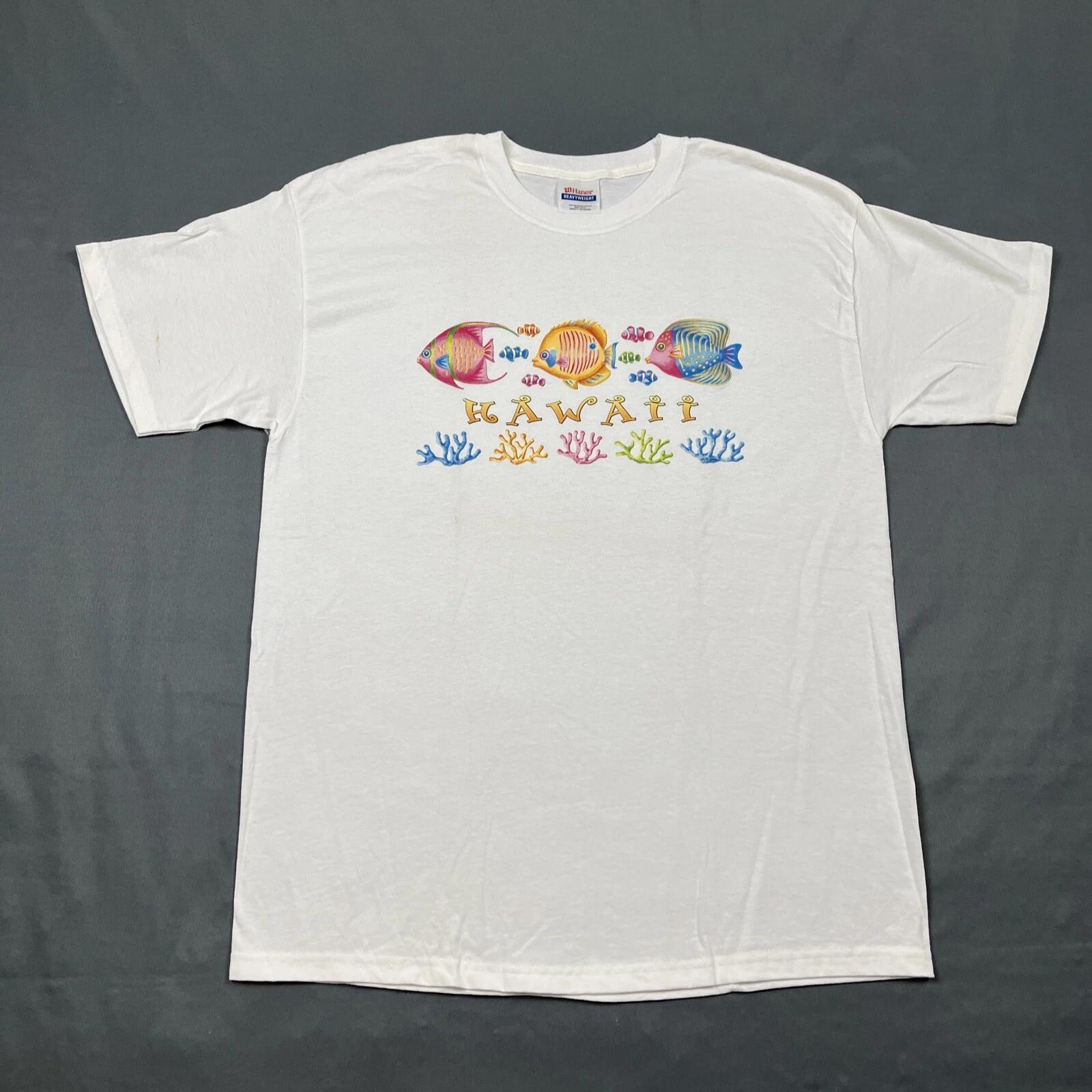 

Vintage Hawaii Souvenir T Shirt White Large Puff Print Tropical Fish VTG 90s S