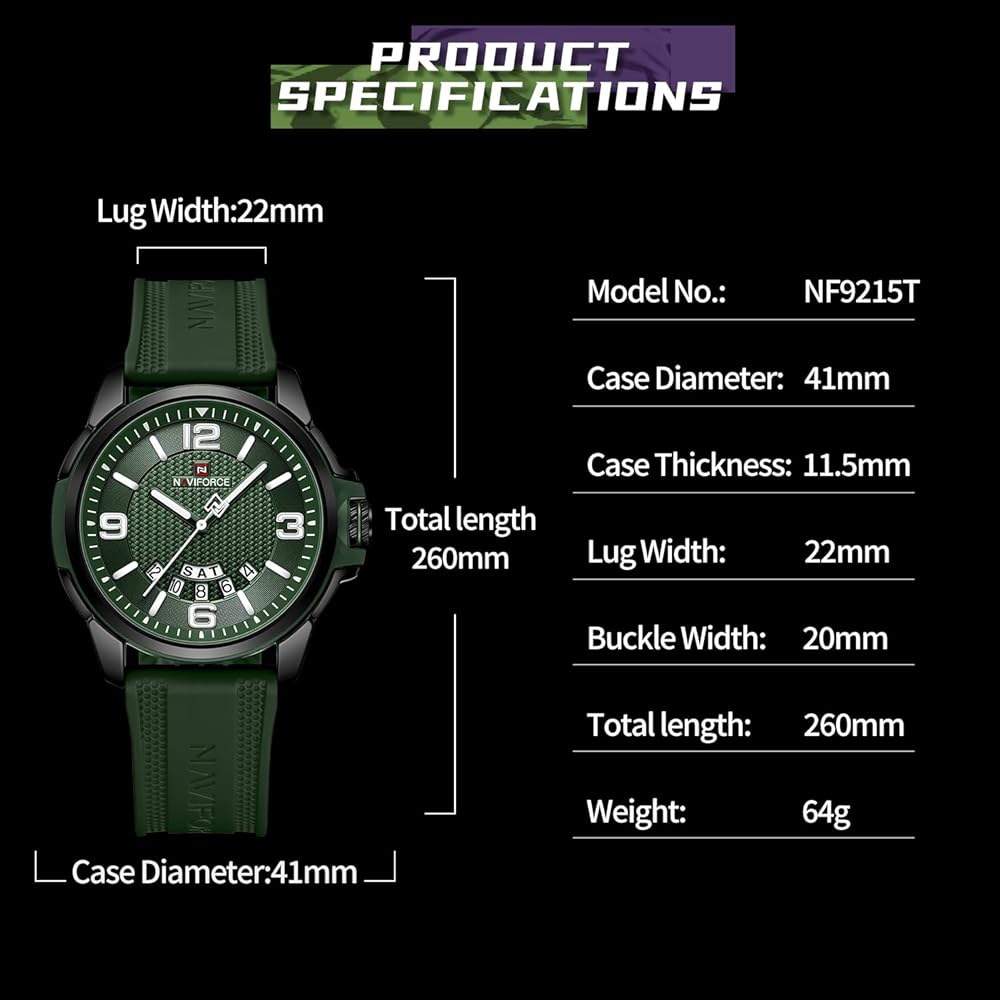 NAVIFORCE Analog Military Sports Watch Green Silicone Strap Unisex Waterproof