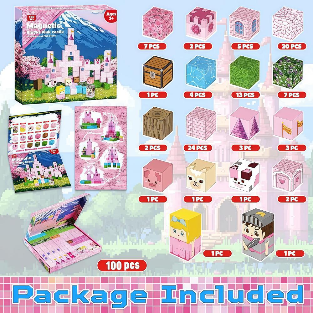 Girls Magnetic Building Set 100Pcs Free Build Pink Castle 3D DIY Creative Ornament STEM Educational Gift Holiday Present Box