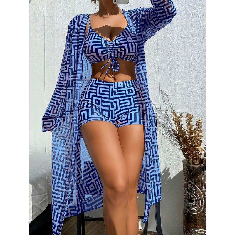 [Blauer Bikini] Dreiteiliges blau gestreiftes Bikini-Set | Geeignet für Strand und Meer