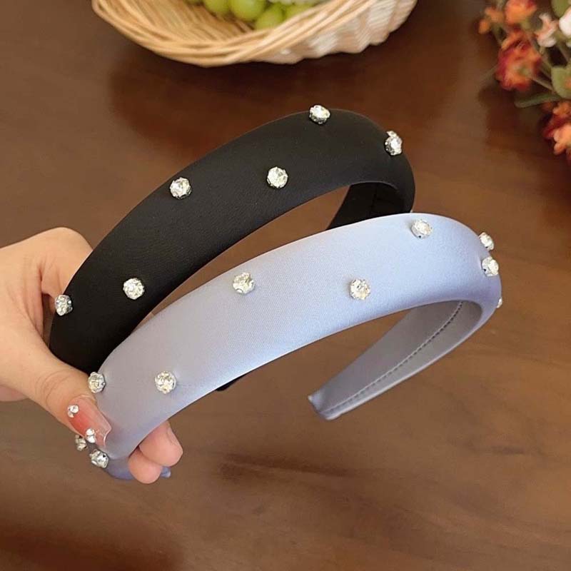 Rhinestone Sponge Hairband For Women Vintage Solid Wide Brim Puffy Puffy Hair Hoop Headband Hair Accessories