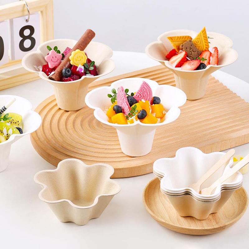 10Pcs Petal Shaped Disposable Paper Bowl Picnic Birthday Party Handheld Home Ice Cream Dessert Packing Cup Fruit Oat Yogurt Bowl