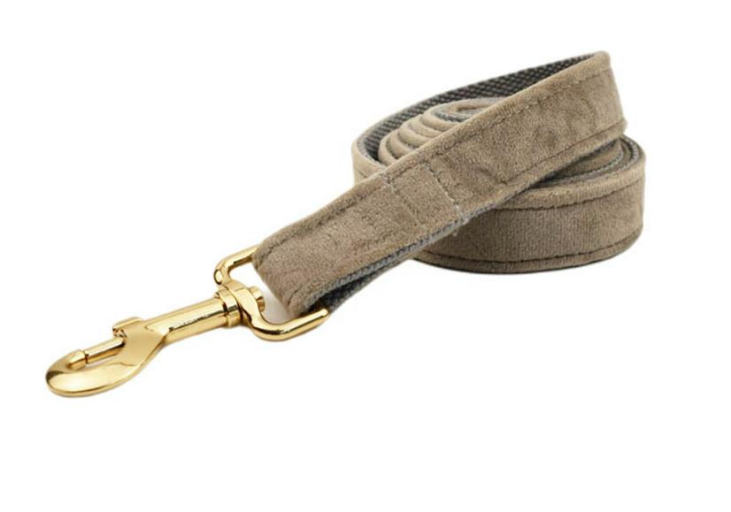Adjustable Gray Velvet Dog Collar and Leash with Engraving Option