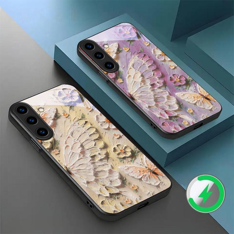 Oil Painting Butterfly Suitable for Samsung Galaxy S26 Ultra S20 FE S21 S22+ 23 Plus S24 Ultra 25 Edge Black Glass Phone Casee
