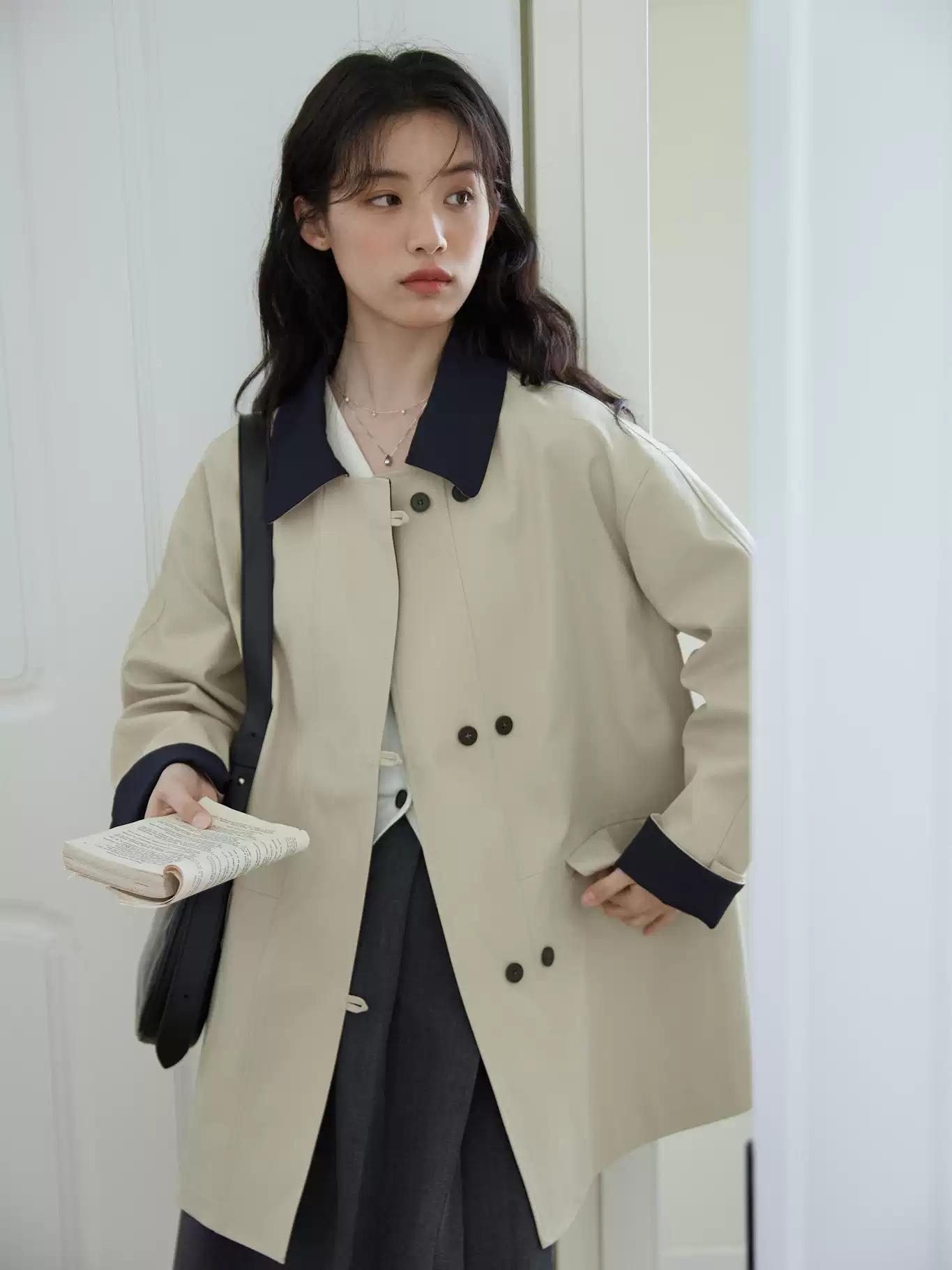 

New tooling temperament versatile contrasting colors loose casual lapel splicing thickened cotton-padded clothes women s double-breasted buttons L (recommended 150-90kg)