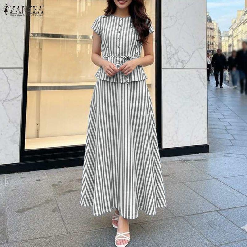 ZANZEA Women Short Sleeve Blouse and Long Skirts Stripe Print Two Piece Suit Sets