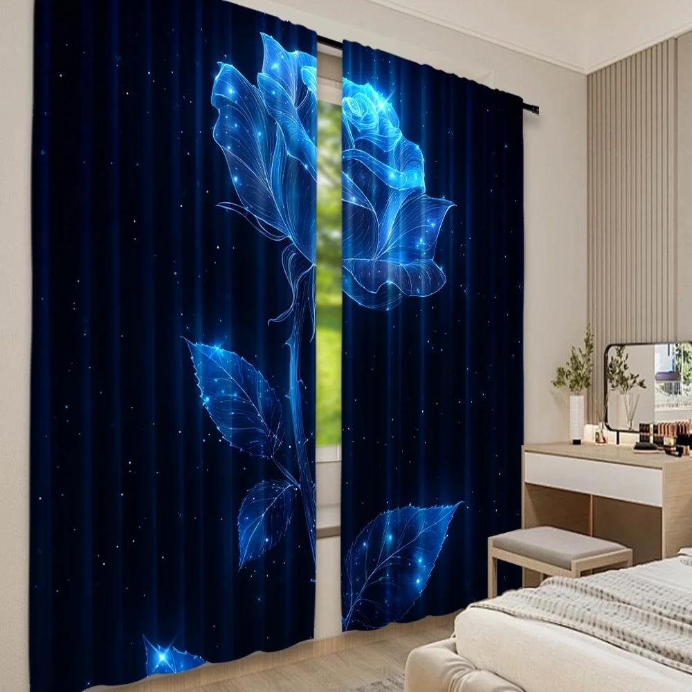 Flat Printing Curtain Cosmic Blue Rose Digital Printed Polyester Drapes Seasonal Party Holiday Decor Use Yard Set Of 2 Made Washable