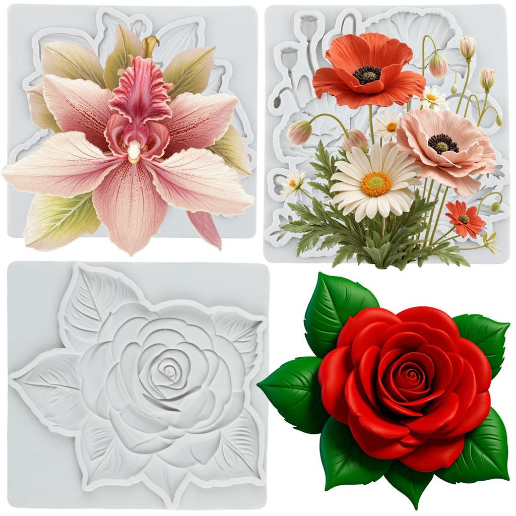 Flower Silicone Molds Orchid Daisy Rose Flower Fondant Mold Cake Decorating Tools Cupcake Topper Chocolate Candy Craft Gum Paste Polymer Clay