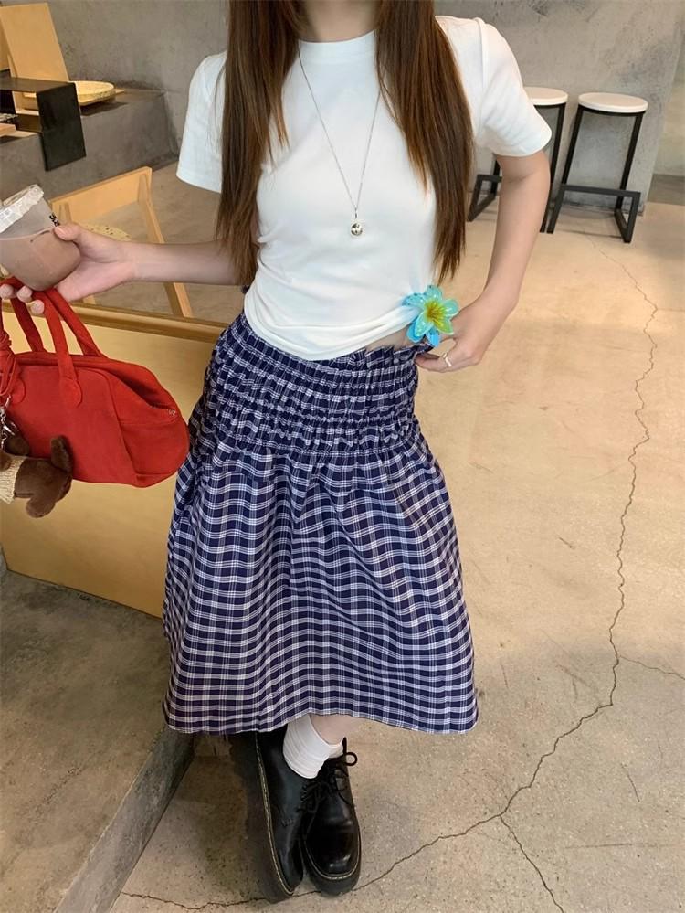 Korean Retro Checkered Bandeau Tank Dress A-Line Midi Skirt for Summer