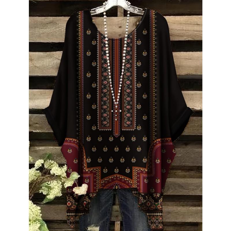 T-shirt da Donna Bohémien Vacanza Stampa Semplice Top Irregolari Canapa Girocollo Moda Versatili Manica Corta Vestiti Y2k