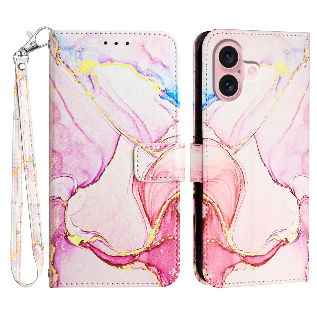 For iPhone 16 Plus Case with Strap Marble Pattern Leather Phone Cover Card Holder