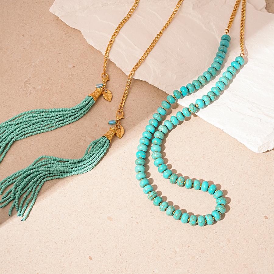 Ethnic Style Artificial Turquoise Beaded Rice Beads Fringed Necklace Temperament Two Wearing Waist Chain Sweater Chain