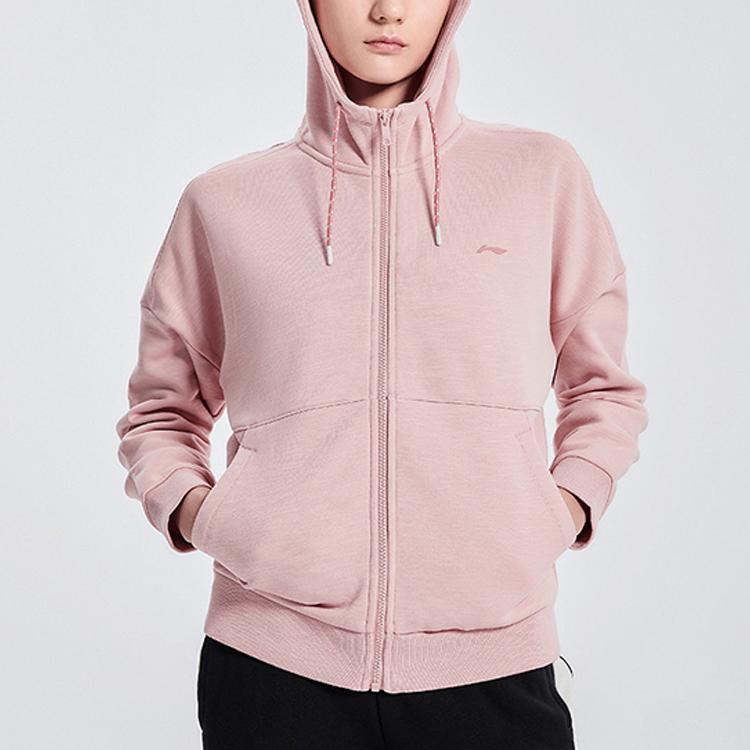 Lining Training Series Fleece Loose Hooded Sports Jacket Women Jacket Fog-Rose-Pink AWDQ612-2