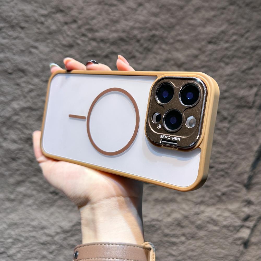 Metalic Camera Stand Protection Phone Case For iPhone 16 15 14 Plus 13 12 11 Pro Max Transparent Magnetic Wireless Charge Cover