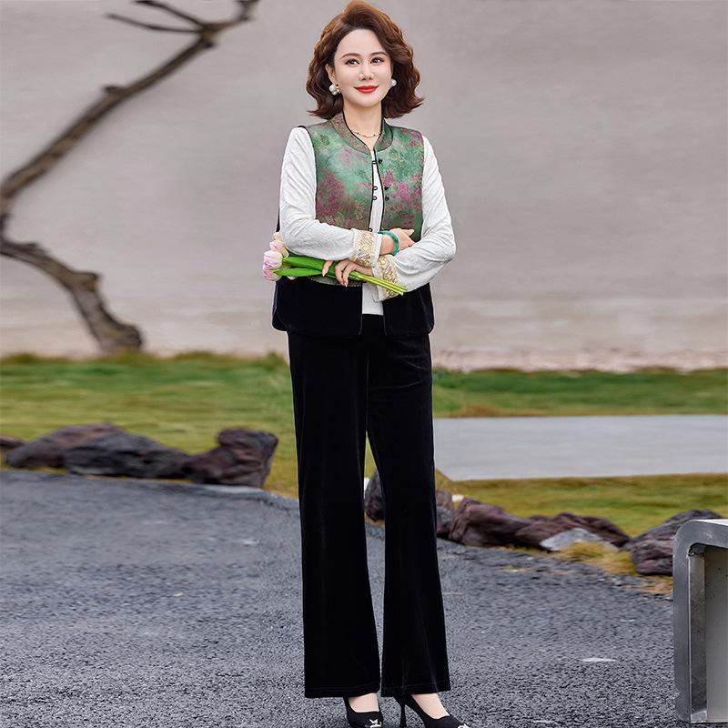 Elegant Spring/Autumn Three-Piece Set: Stylish Chinese-Style Vest & Top for Middle-Aged Women