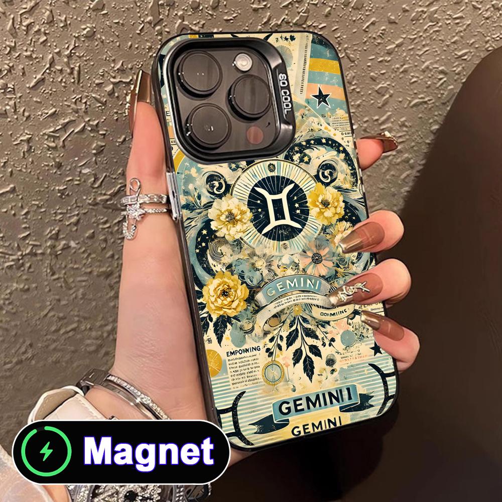 Zodiac Sign Gemini Phone Case for iPhone 17 16 15 14 13 12 11 Air Pro Max Plus Colorful Silver MagSafe Cover