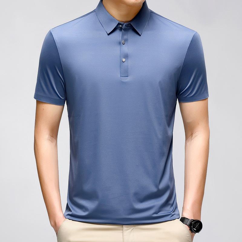 2026 Summer Men s Mulberry Silk Short Sleeve Polo - Fashionable Casual Lapel, Seamless Ice Silk Shirt S светло-синий