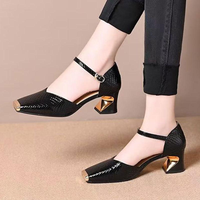 Premium metal iron head hollow sandals summer French temperament square head thick heel versatile comfortable bag head single shoes