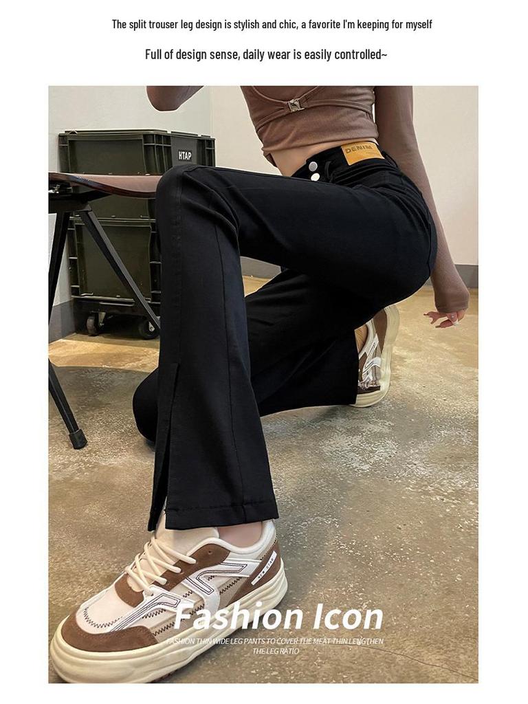 Women's Stretchy Black High-Waisted Split Denim Jeans, Slim Fit, Micro Flare, Petite-Friendly, Floor-Length, Straight-Leg with Good Drape