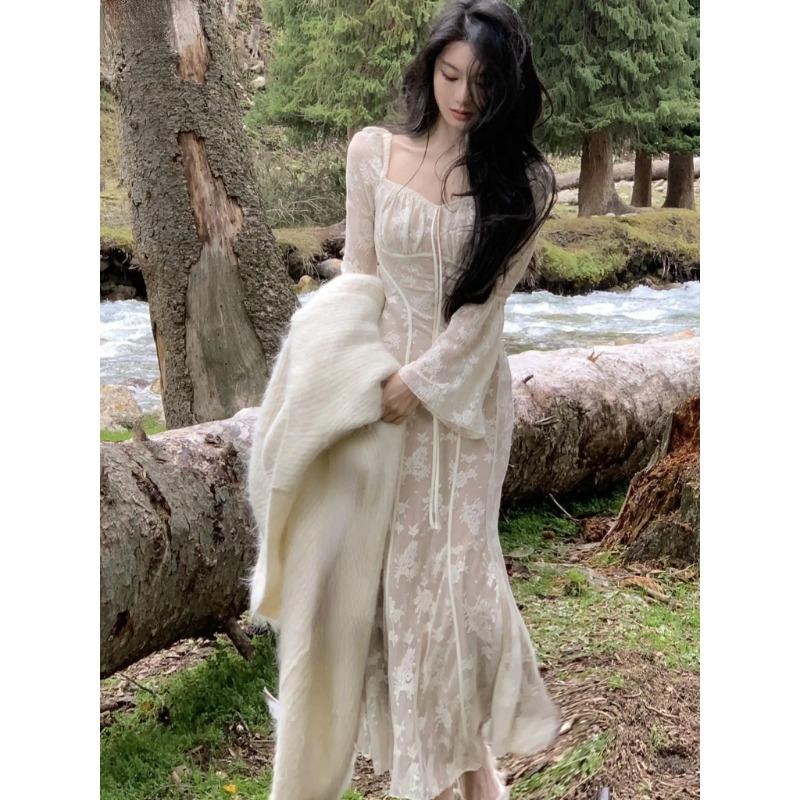 Spring Summer Elegant Mermaid Long Dress Fashion Slim Flare Sleeve Wedding Runway Party Lace Vestidos Women Vintage Clothing