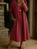 2026 European & American V-Neck Patchwork Lace Trim Linen-Cotton Casual Dress