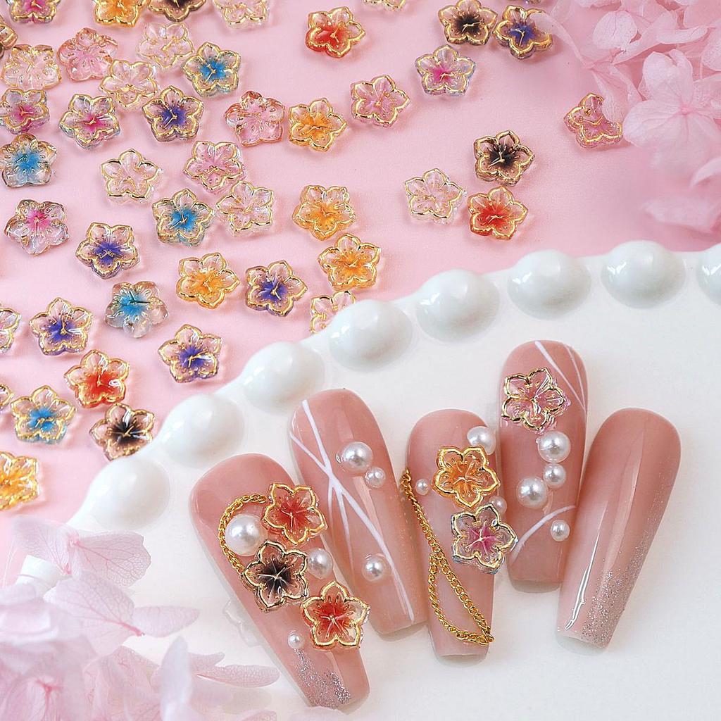 30Pcs 8mm 3D Mini Flower Nail Art Charms, Golden Edge Floral Decoration Nail Accessories for Spring & Summer DIY Manicure Accessories