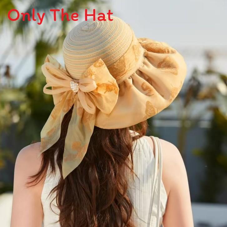 Summer Sun Protection Hat For Women With Butterfly Bow And Floral Pattern Polyester Material