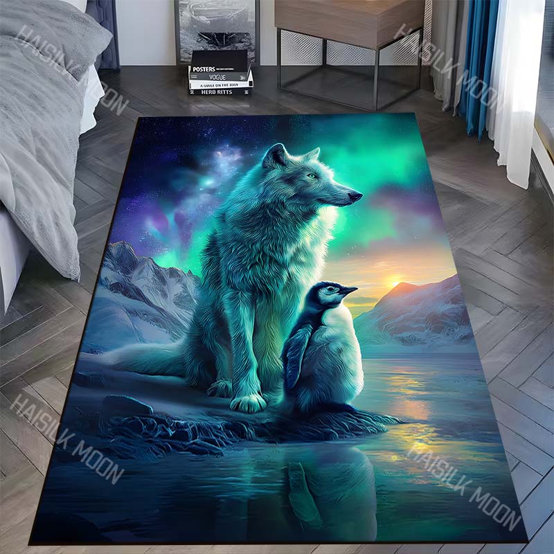 

1PC Wolf and penguin under aurora Carpet for Living Room Bedroom Sofa Home Decor Rus Non-slip Floor Mat Luxury Gift 40x60cm