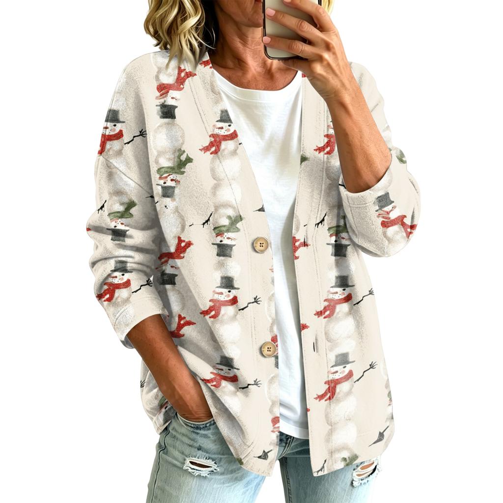 Women's Casual Christmas Print Button Jacket, Outerwear for Holiday Parties and Daily Wear