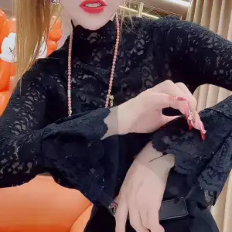 

Женский новый топ с кружевной основой, скомбинированный, с полувысоким воротником, модный однотонный, универсальный, повседневный, приталенный, с темпераментом, с длинным рукавом S чёрный