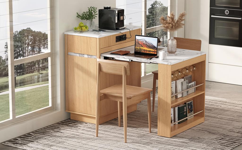 Îlot de cuisine avec roulettes, Table à manger extensible avec éclairage LED, Multiprises et crochets Sert de buffet ou de table de bar pour la salle à manger (Naturel)