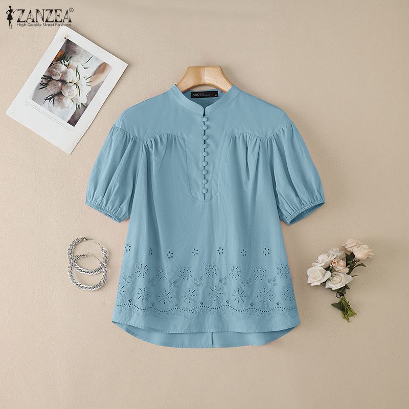 ZANZEA Women Casual Round Neck Short Sleeve Loose Patchwork Crochet Blouse