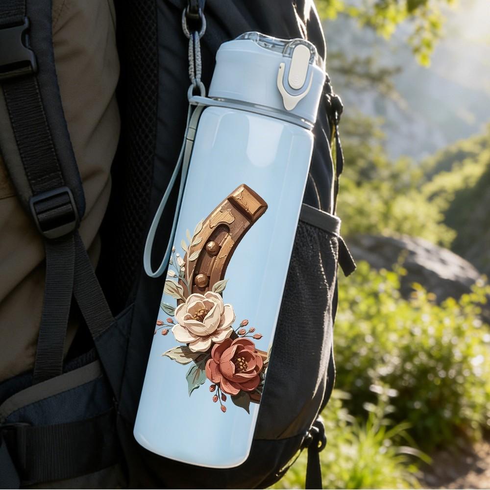 1PC Horseshoe With Floral Wreath 750ml Color Plastic Sports Water Bottle Leakproof Flip Straw Lid Suitable for Sports Office Home Use