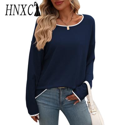 Damenmode, lässig, einfarbig, Druck, Herbst, Winter, lange Ärmel, O-Ausschnitt, lose Pullover