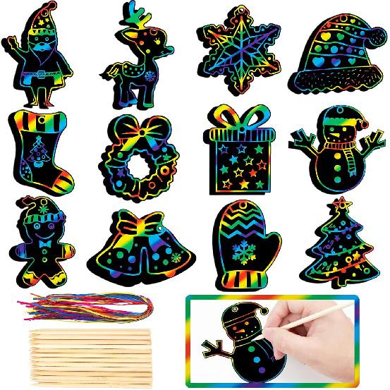 GOMANCHE 48 Pieces Christmas Scratch Art for Kids, DIY Rainbow Scratch Paper Magic Art Crafts Bulk, Christmas Hanging Ornaments for Kids Party Favors